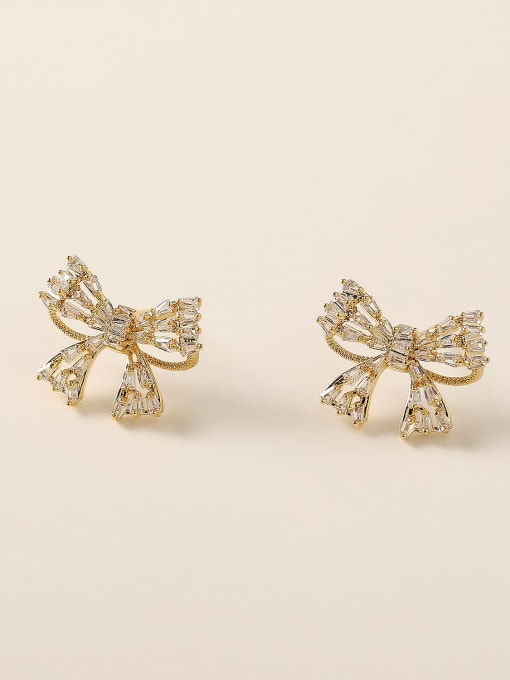 14K Gold Brass Cubic Zirconia Bowknot Vintage Stud Trend Korean Fashion Earring
