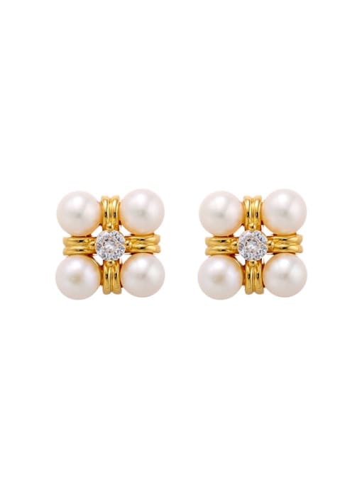 golden Brass Imitation Pearl Flower Dainty Stud Earring
