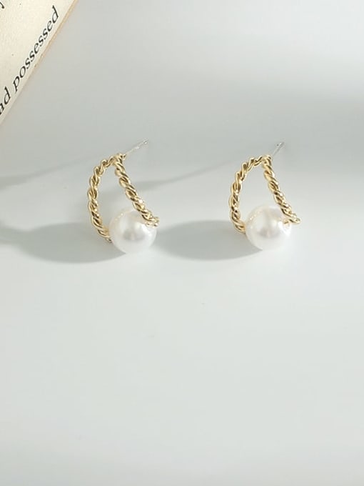 14K gold Copper Imitation Pearl Hollow Geometric Vintage Stud Trend Korean Fashion Earring