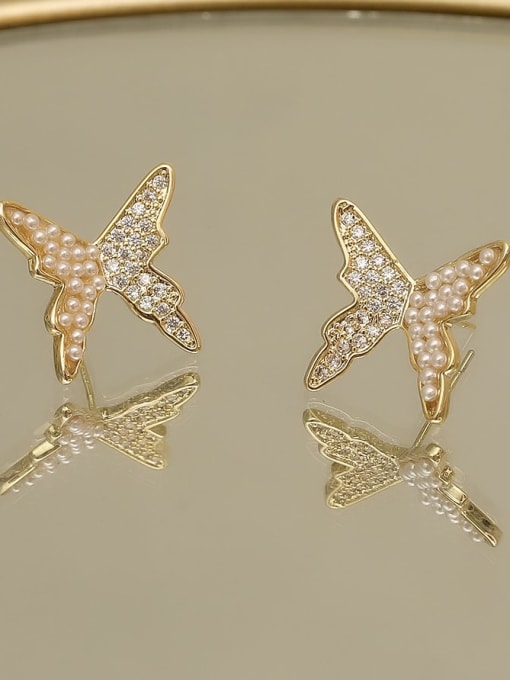 14k Gold Copper Imitation Pearl Butterfly Vintage Stud Trend Korean Fashion Earring