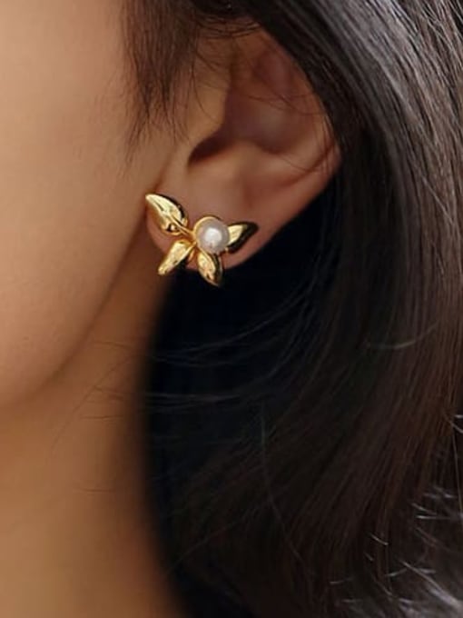 ACCA Brass Imitation Pearl Leaf Minimalist Stud Earring 1