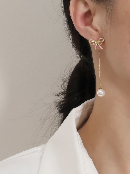 HYACINTH Brass Imitation Pearl Bowknot Tessel Earring 1