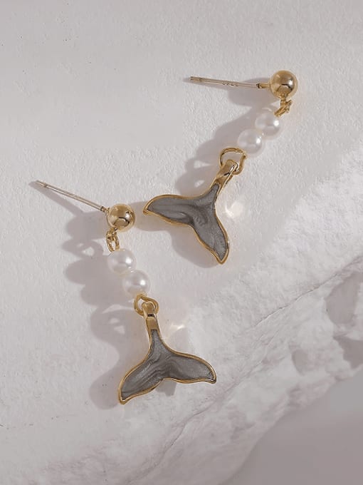 HYACINTH Brass Imitation Pearl Enamel Fish Tail Minimalist Drop Earring 1
