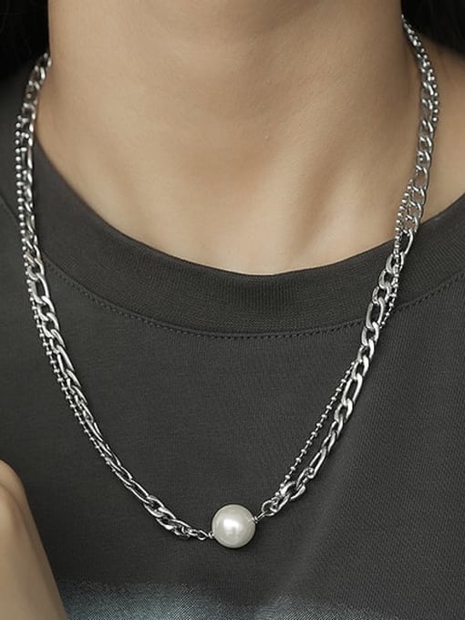 TINGS Titanium Steel Imitation Pearl Geometric Minimalist Multi Strand Necklace 1