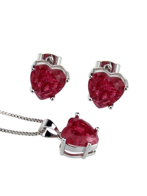 Platinum Plated Red explosive stone Brass Heart  Cubic Zirconia Earring and Necklace Set