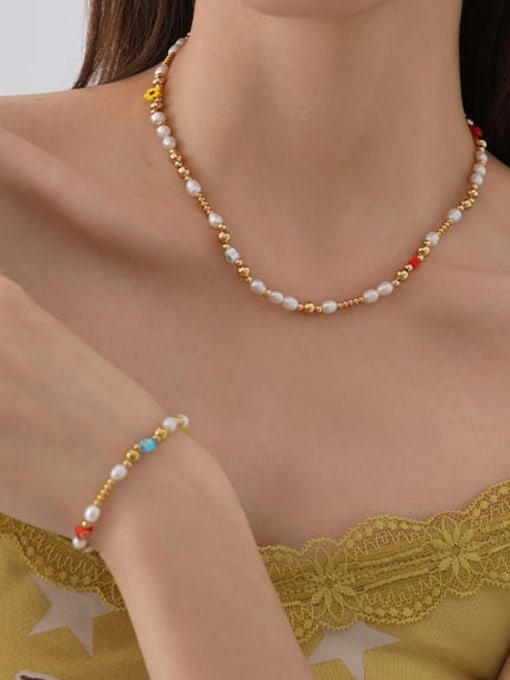 Five Color Brass Freshwater Pearl  Vintage Irregular  Bracelet and Necklace Set 1