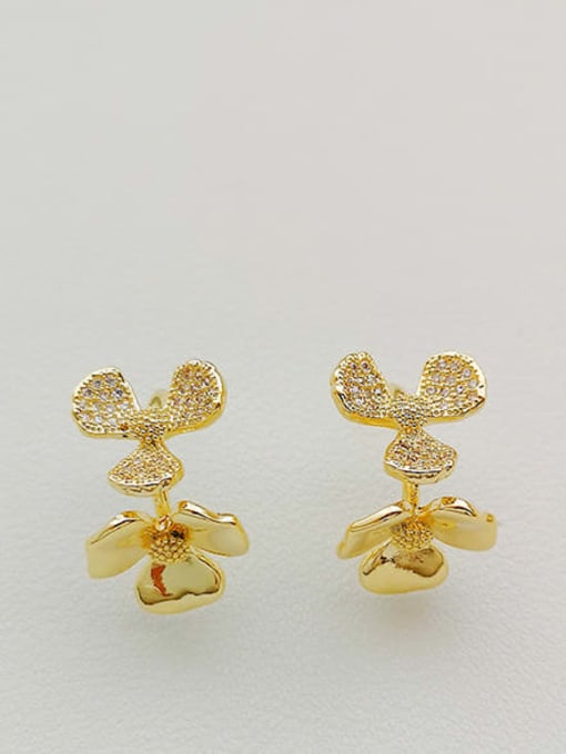 14K  gold Copper Cubic Zirconia Flower Dainty Stud Trend Korean Fashion Earring