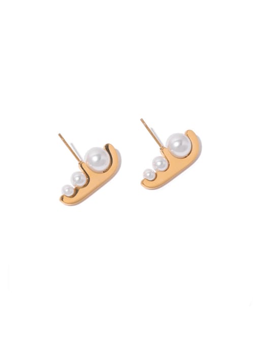 Golden 3 pearls Titanium Steel Imitation Pearl Geometric Hip Hop Stud Earring