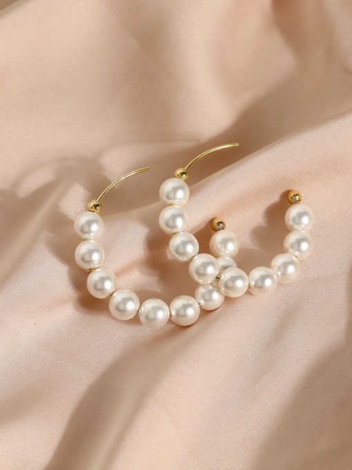 Pearl Earrings Brass Imitation Pearl  Minimalist C shape Hoop Earring