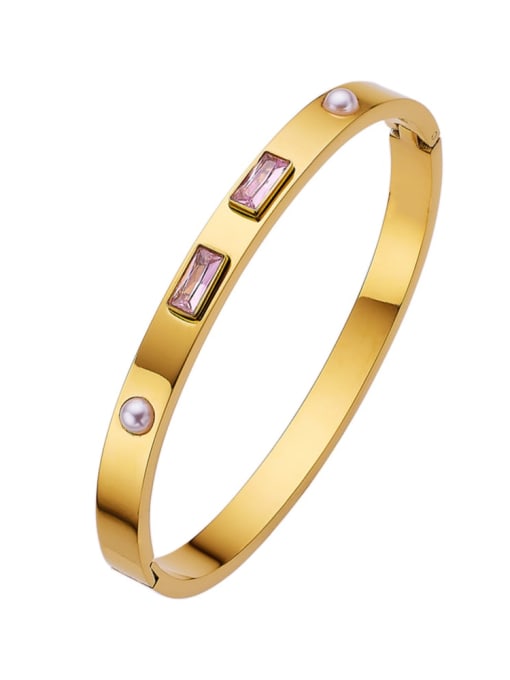 Golden Pearl+Pink Stainless steel Cubic Zirconia Geometric Minimalist Band Bangle
