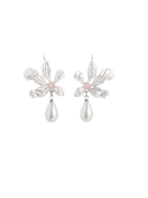 Flower earrings Brass Imitation Pearl Flower Minimalist Drop Earring