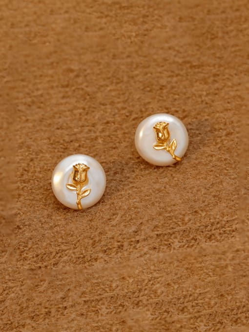 18K gold Brass Freshwater Pearl Geometric Minimalist Stud Earring
