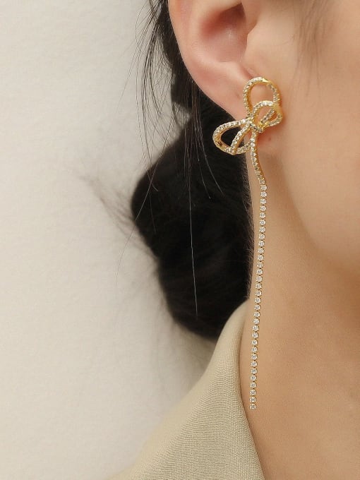 HYACINTH Brass Cubic Zirconia Bowknot Tassel Vintage Single Trend Korean Fashion Earring 1