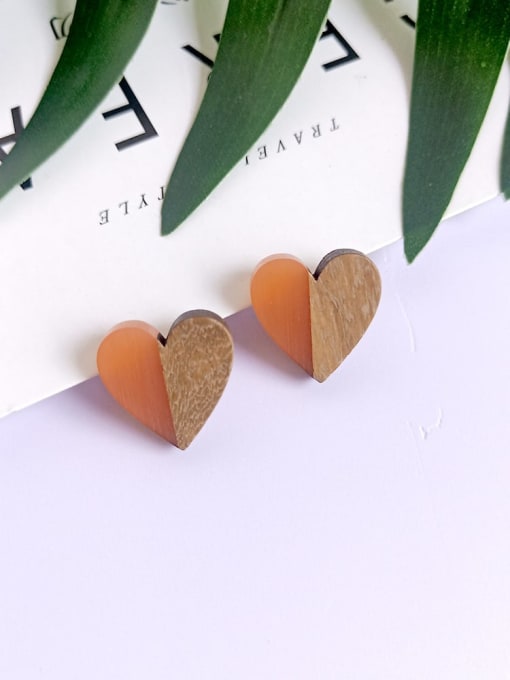 Orange heart shaped wood resin splicing Resin Heart Vintage wood color matching Stud Earring/Multi-Color Optional