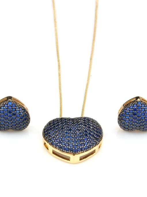 Gold Plated blue Brass Cubic Zirconia Dainty Heart Earring and Necklace Set