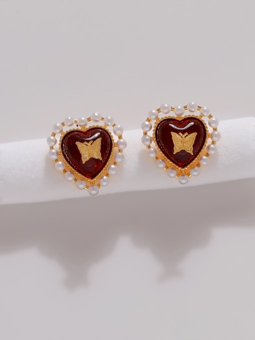 18K golden red Brass Imitation Pearl Heart Vintage Stud Earring