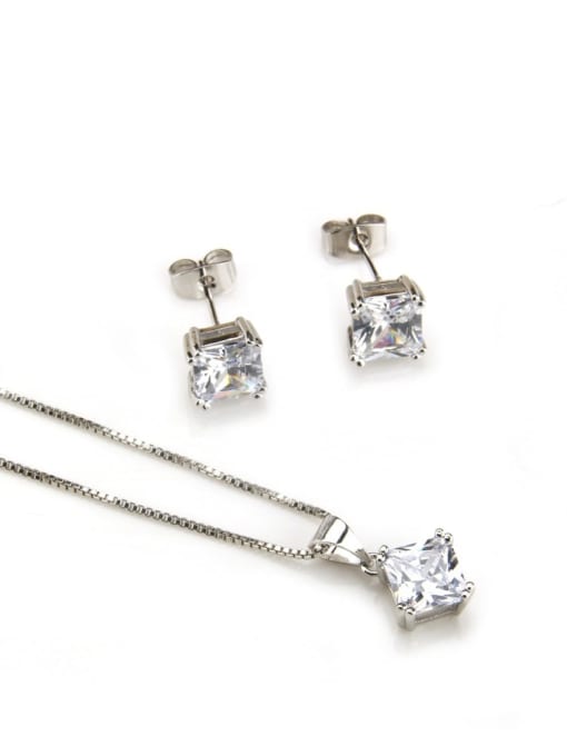 Platinum plated white zirconium non Brass Square Cubic Zirconia Earring and Necklace Set