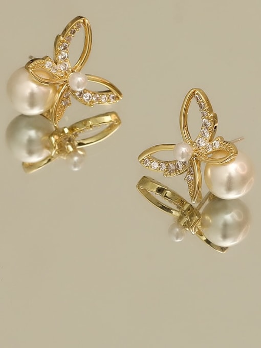 14K gold Copper Imitation Pearl Butterfly Minimalist Stud Trend Korean Fashion Earring