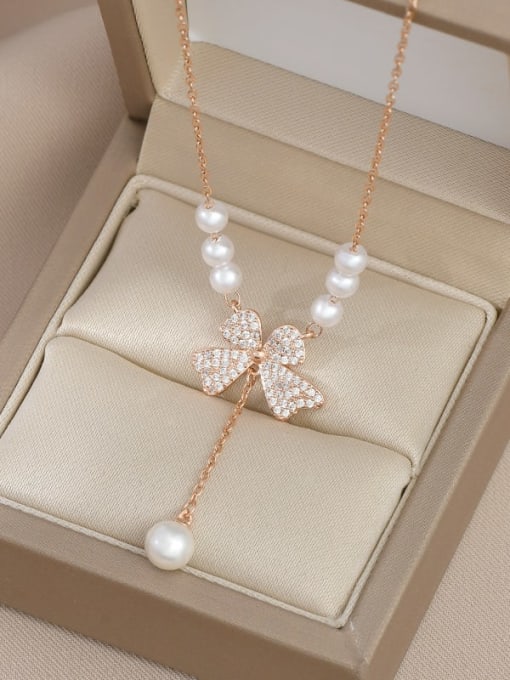 Rose Gold XL62421 Brass Cubic Zirconia Bowknot Dainty Necklace