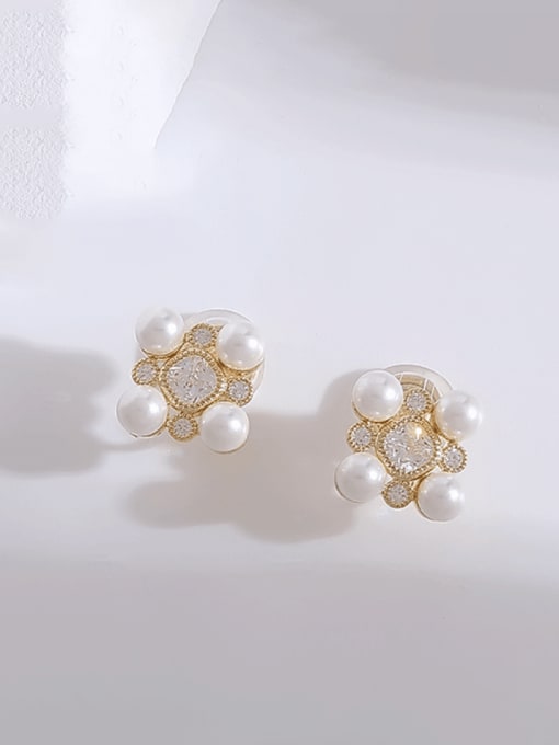 14k Gold Brass Imitation Pearl Geometric Vintage Clip Earring