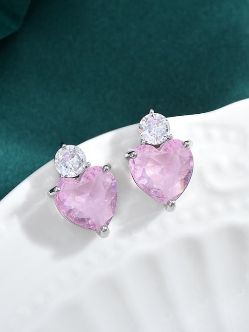 Silver Pink ED66343 Brass Cubic Zirconia Pink Heart Dainty Stud Earring