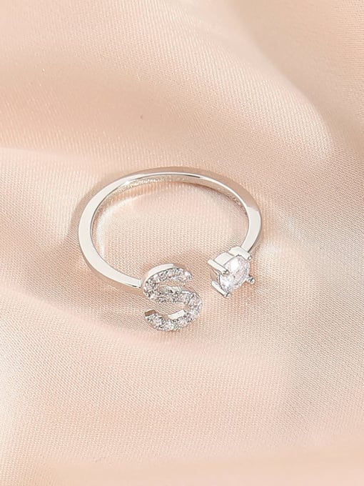 White K +S Brass Cubic Zirconia Letter Minimalist Band Ring