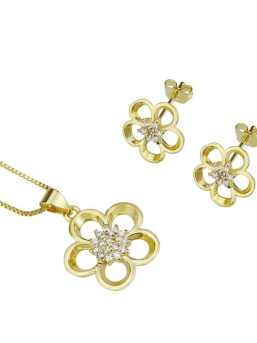 gold-plated Brass Cubic Zirconia Dainty Flower  Earring and Necklace Set
