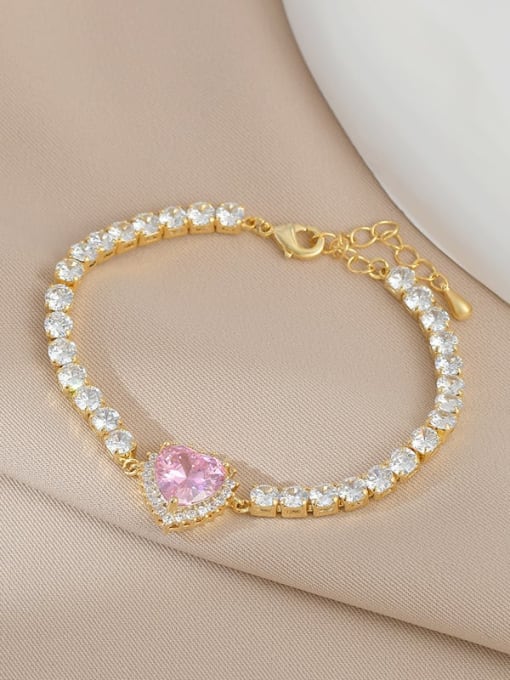 Gold SL61226 Brass Cubic Zirconia Pink Heart Dainty Bracelet