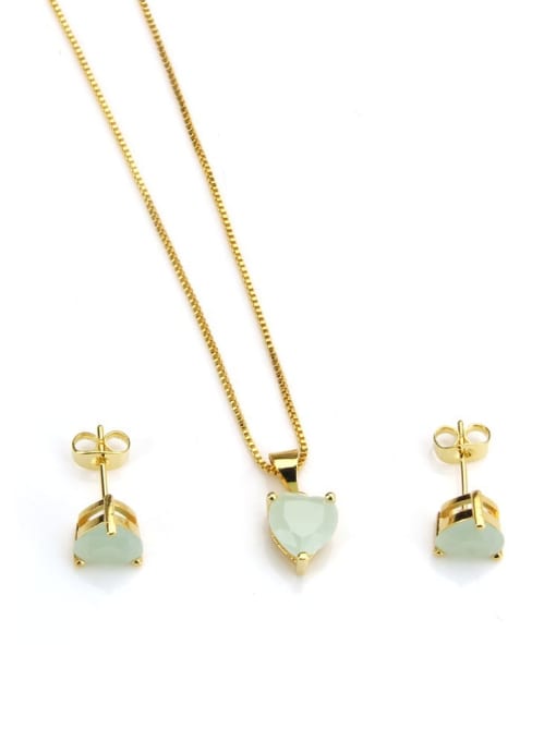 Gold Plated jade Brass Heart Cubic Zirconia Earring and Necklace Set