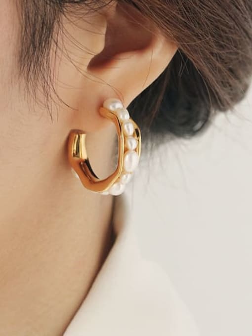 ACCA Brass Freshwater Pearl Simple irregular C shape Vintage Stud Earring 1