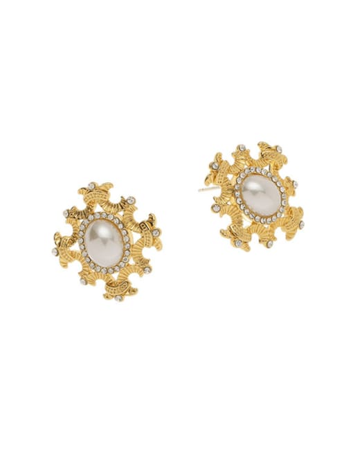golden Brass Imitation Pearl Flower Vintage Stud Earring