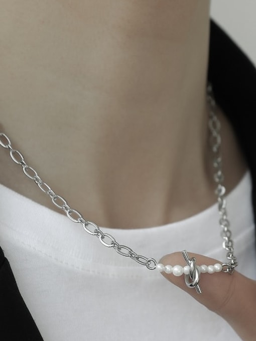 TINGS Titanium Steel Imitation Pearl Geometric Vintage Hollow Chain Necklace 1