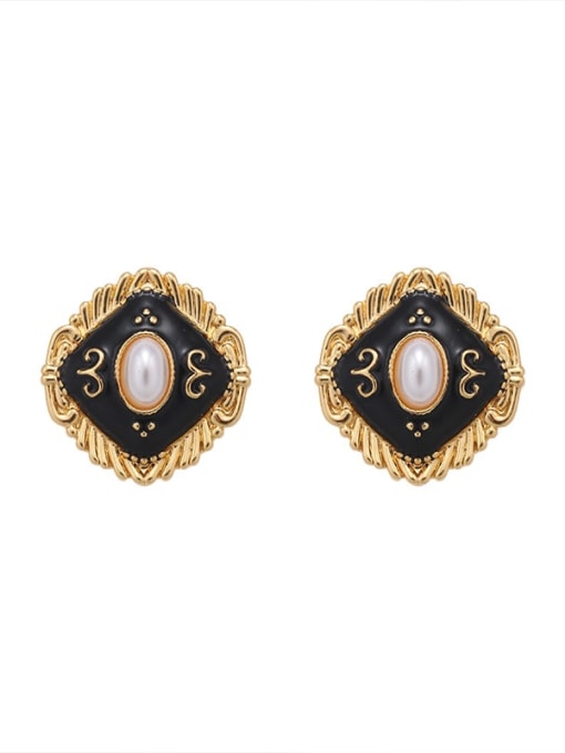gold Brass Imitation Pearl Square Hip Hop Stud Earring