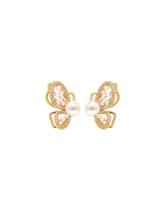 YOUH Brass Imitation Pearl Butterfly Dainty Stud Earring 0