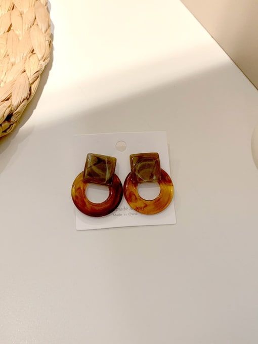 F126 Amber Resin Geometric square and circle stitching Vintage Stud Earring