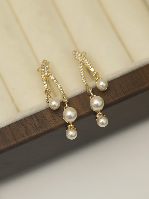 HYACINTH Brass Imitation Pearl Cross Vintage Drop Earring 2