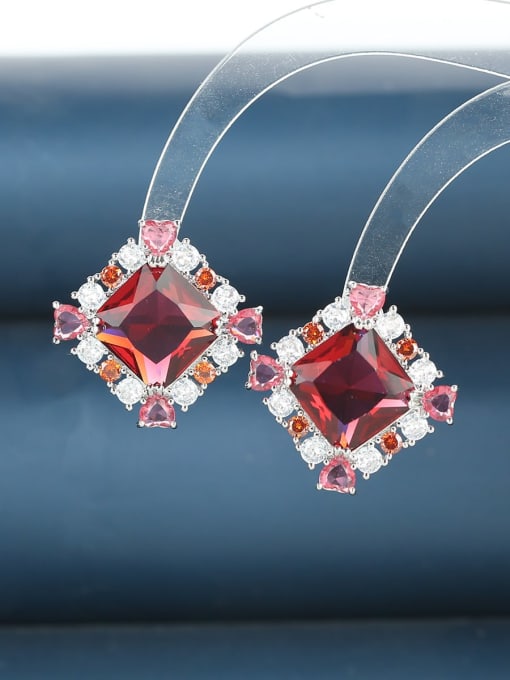 red Brass Cubic Zirconia Square Luxury Cluster Earring