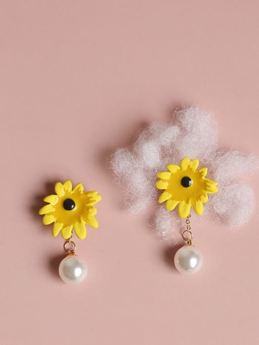 Five Color Alloy Imitation Pearl Enamel Flower Cute Stud Earring