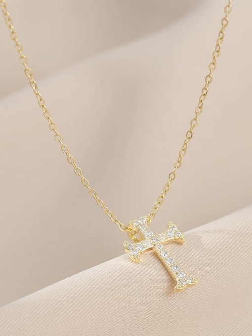Gold XL62701 Brass Cubic Zirconia Cross Dainty Necklace