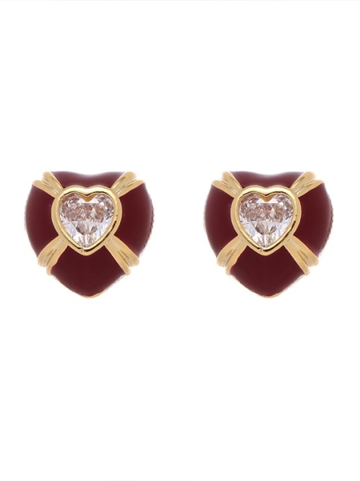 Red Drip Oil Brass Enamel Heart Vintage Stud Earring