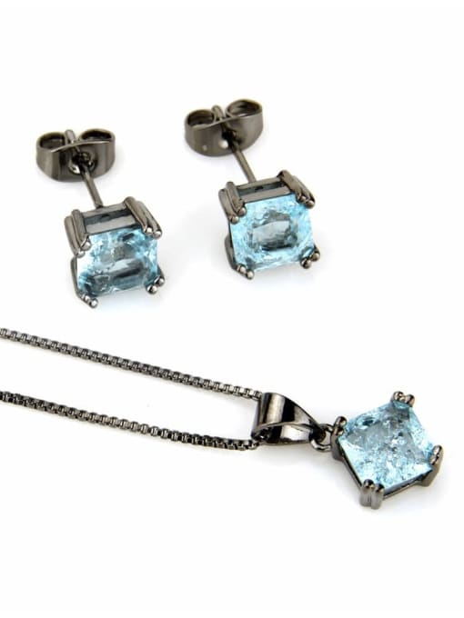 Black plated Blue Zircon Brass Square Cubic Zirconia Earring and Necklace Set