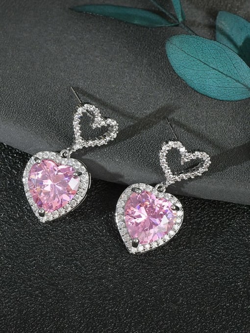 Steel colorED65771 Brass Cubic Zirconia Pink Heart Cute Stud Earring