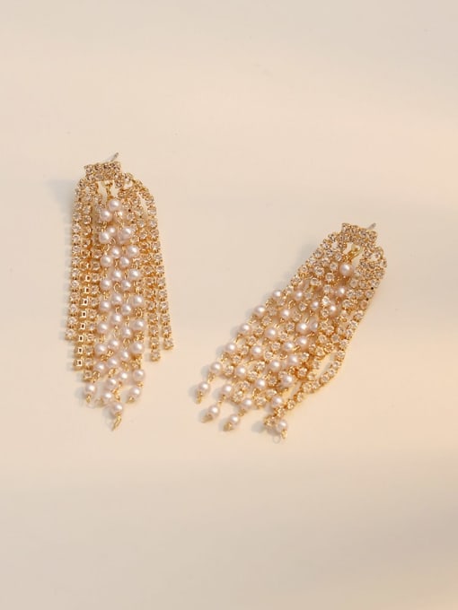 14K gold Copper Imitation Pearl Tassel Ethnic Threader Trend Korean Fashion Earring
