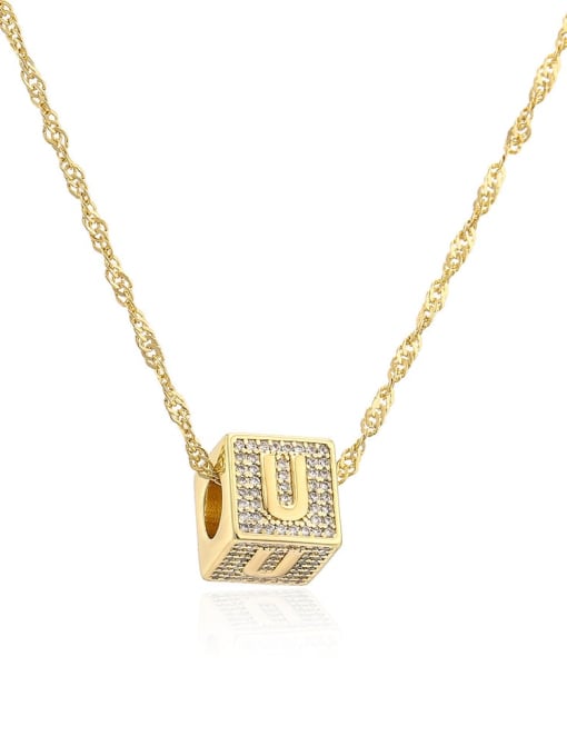 22375 U Brass Cubic Zirconia Square Hip Hop Letter Pendant Necklace