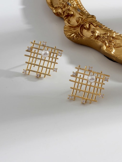 gold Copper Imitation Pearl Hollow Geometric Minimalist Stud Trend Korean Fashion Earring
