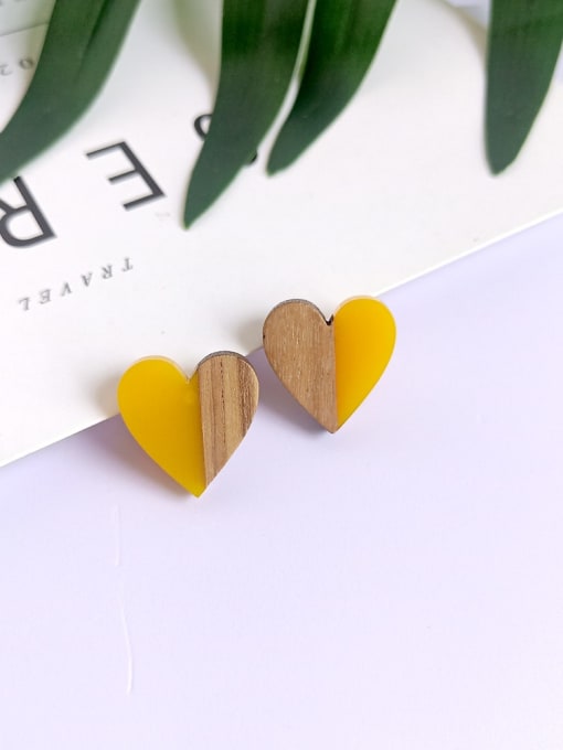 Yellow heart shaped wood resin splicing Resin Heart Vintage wood color matching Stud Earring/Multi-Color Optional