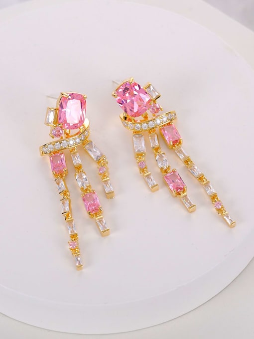 Pink Brass Cubic Zirconia Geometric Tassel Luxury Cluster Earring