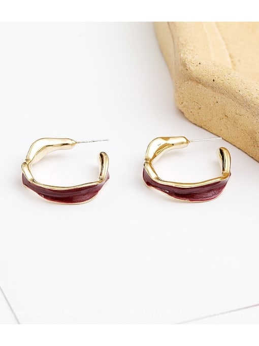 Pearl oil wine red Copper Enamel Geometric Minimalist Stud Trend Korean Fashion Earring