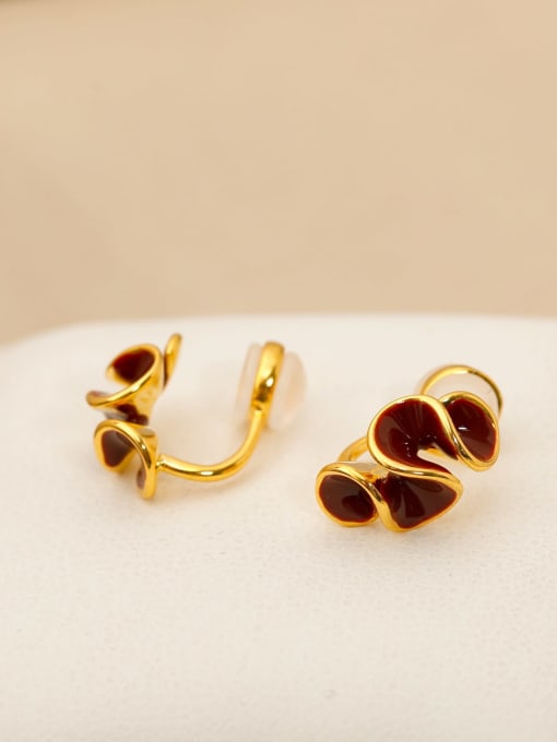 16K Golden Wine Red Brass Enamel Flower Minimalist Stud Earring