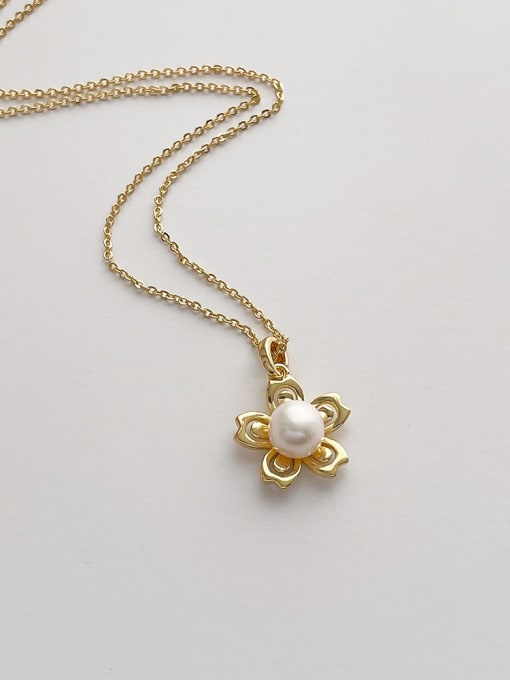 Hollow out flower pearl necklace Brass Freshwater Pearl Flower Dainty Necklace